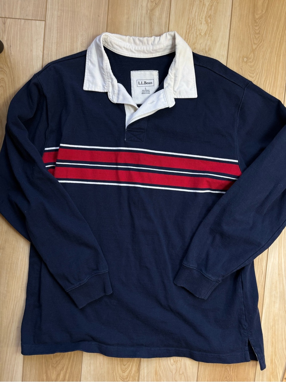 L.L. Bean Navy Rugby Shirt with Red Stripe Blokecore Preppy EUC